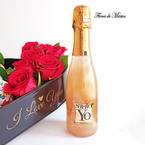 corazón con chocolates, rosas y vino